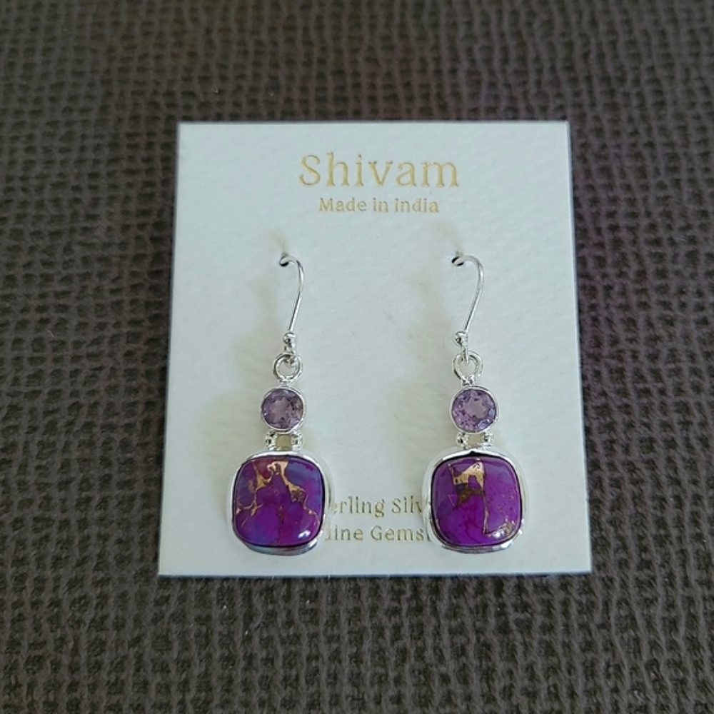 Shivam Square Shaped Purple💜 Copper Turquoise With Gold💛 Veins Earrings - Picture 8 of 16